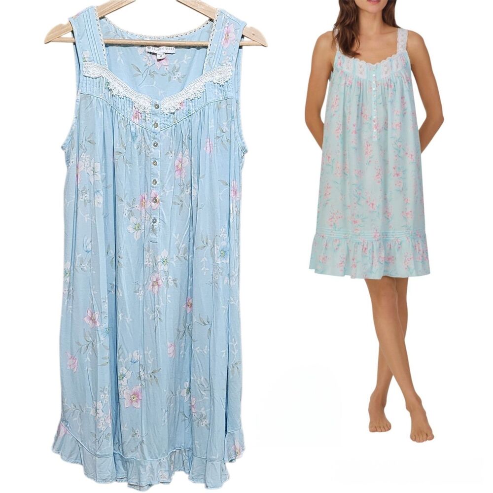 Eileen West Cottage Rose Cotton Lawn Sleeveless Sleep Night Gown Sz M - Picture 11 of 11